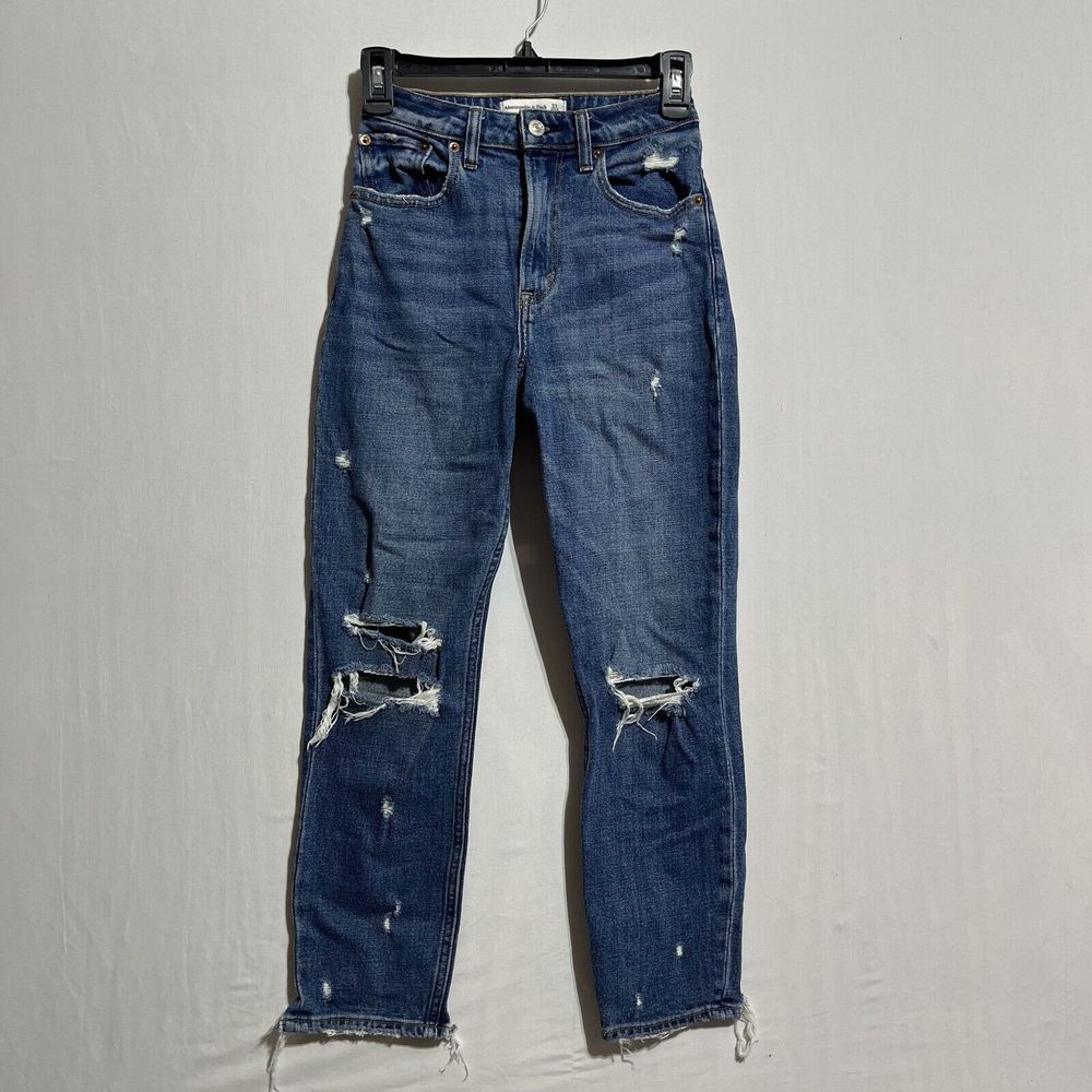 Abercrombie & Fitch Mom Jeans Women's 23 Blue Denim Distressed High Rise‎ Curve